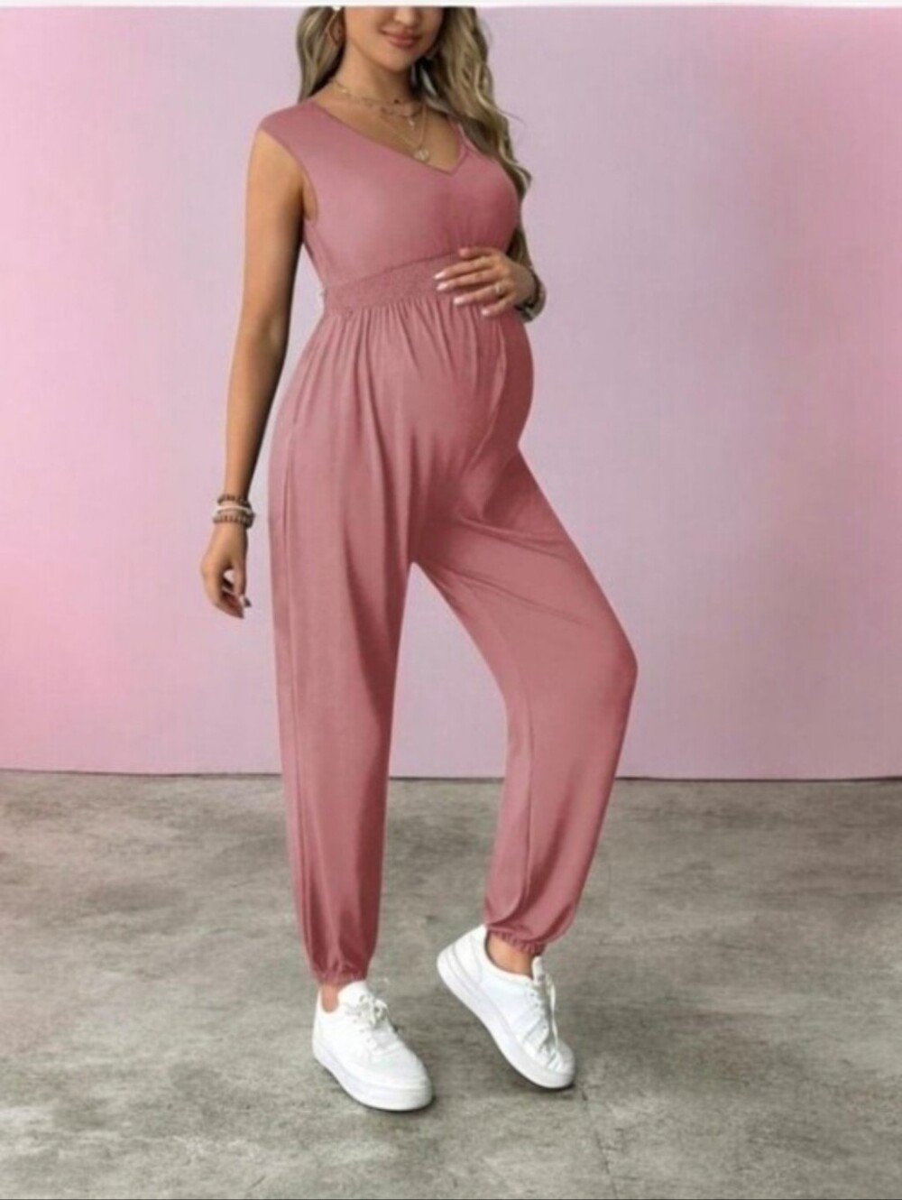Maternity Ribbed Jumpsuit - Dusty Rose